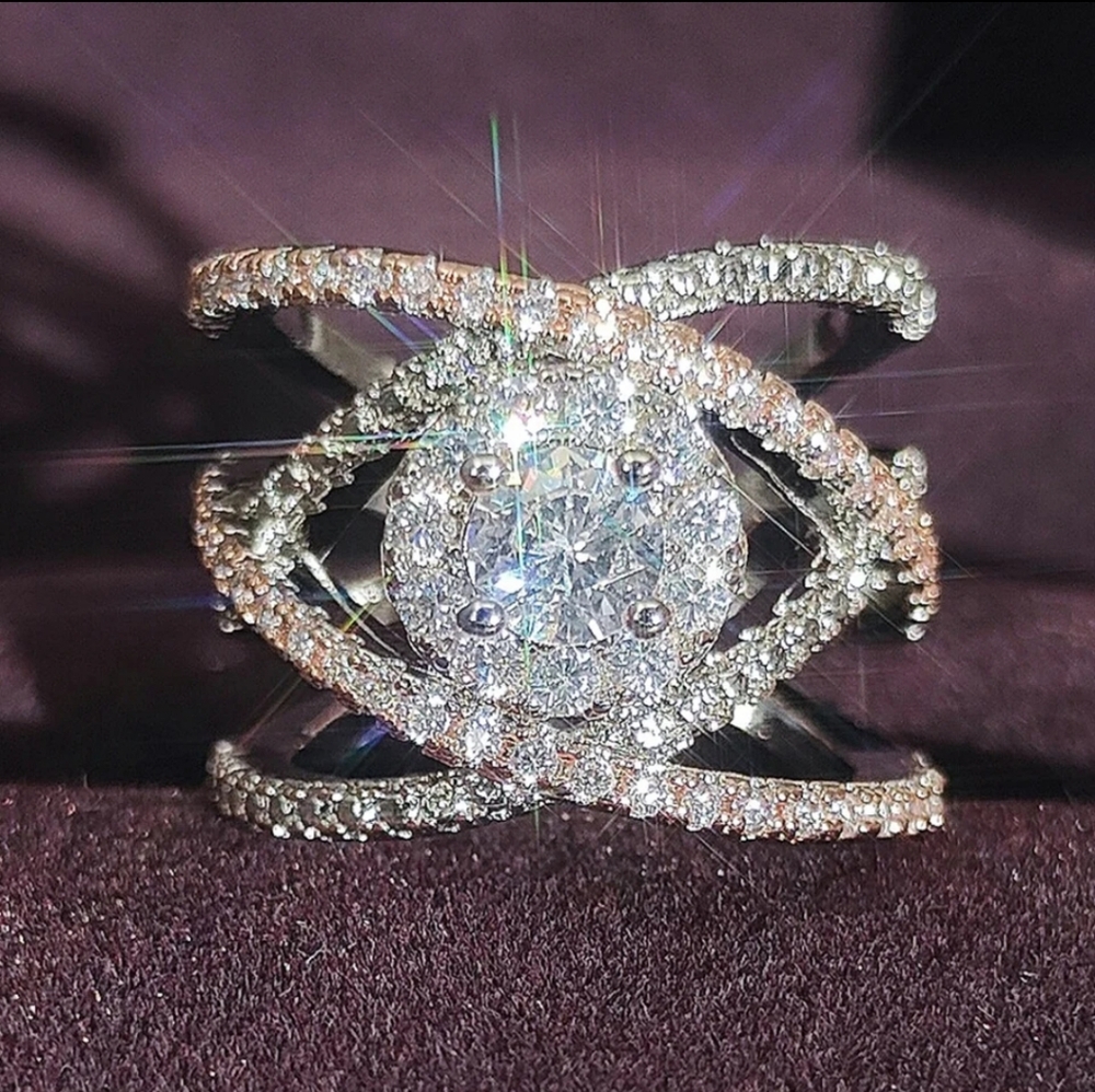 Exquisite Crossed Rose Gold Silver  Diamond Ring
